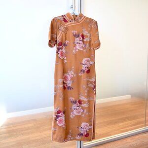 Brown Peony Flora Qipao Long Dress - Chinese Traditional Cheongsam